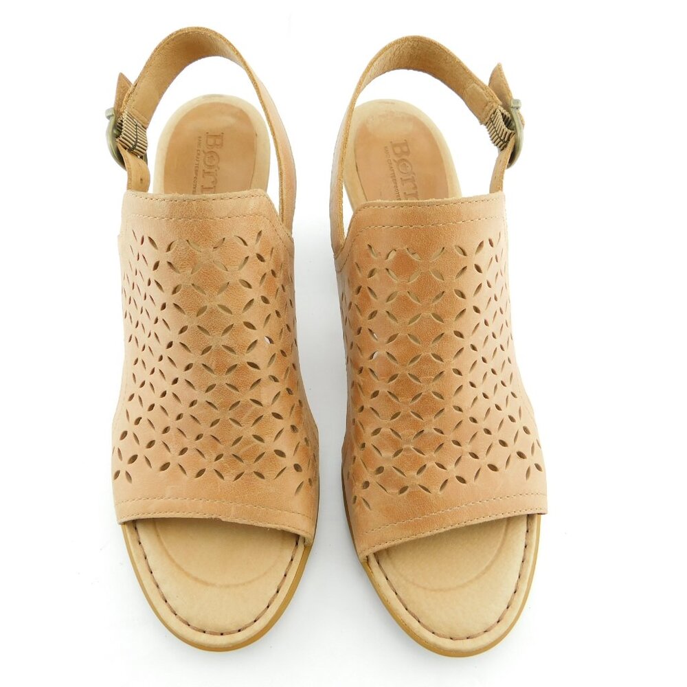 BORN Beige Leather Die-cut Open Toe Block Heel Sling Sandals 9